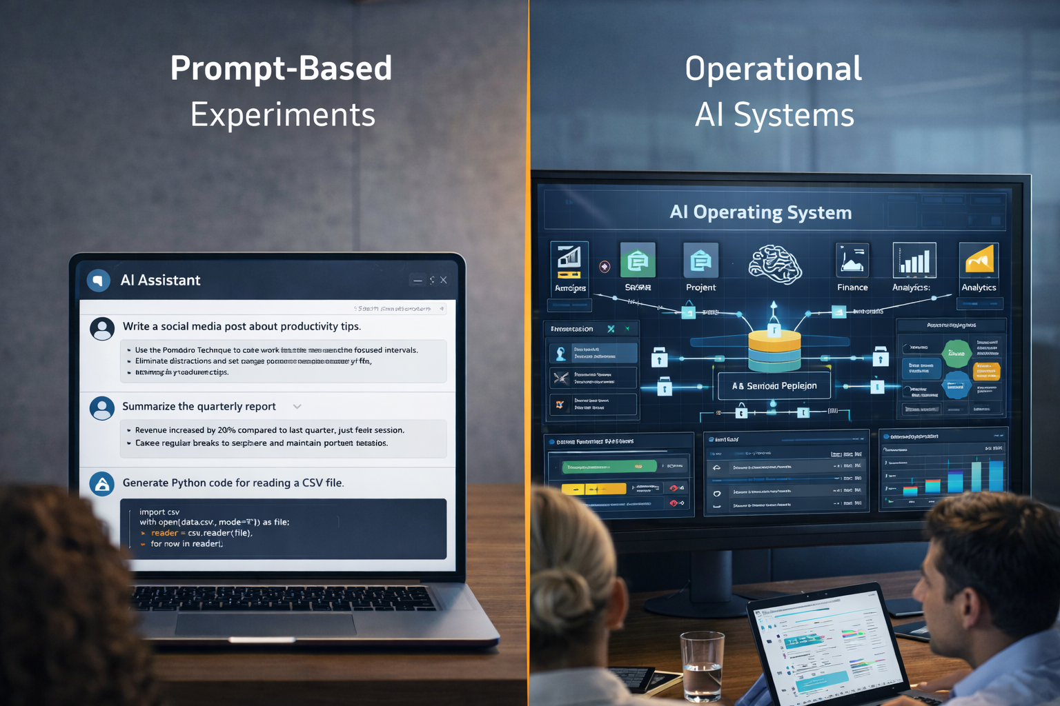 comparison between prompt based AI tools and integrated operational AI systems connecting business workflows and data